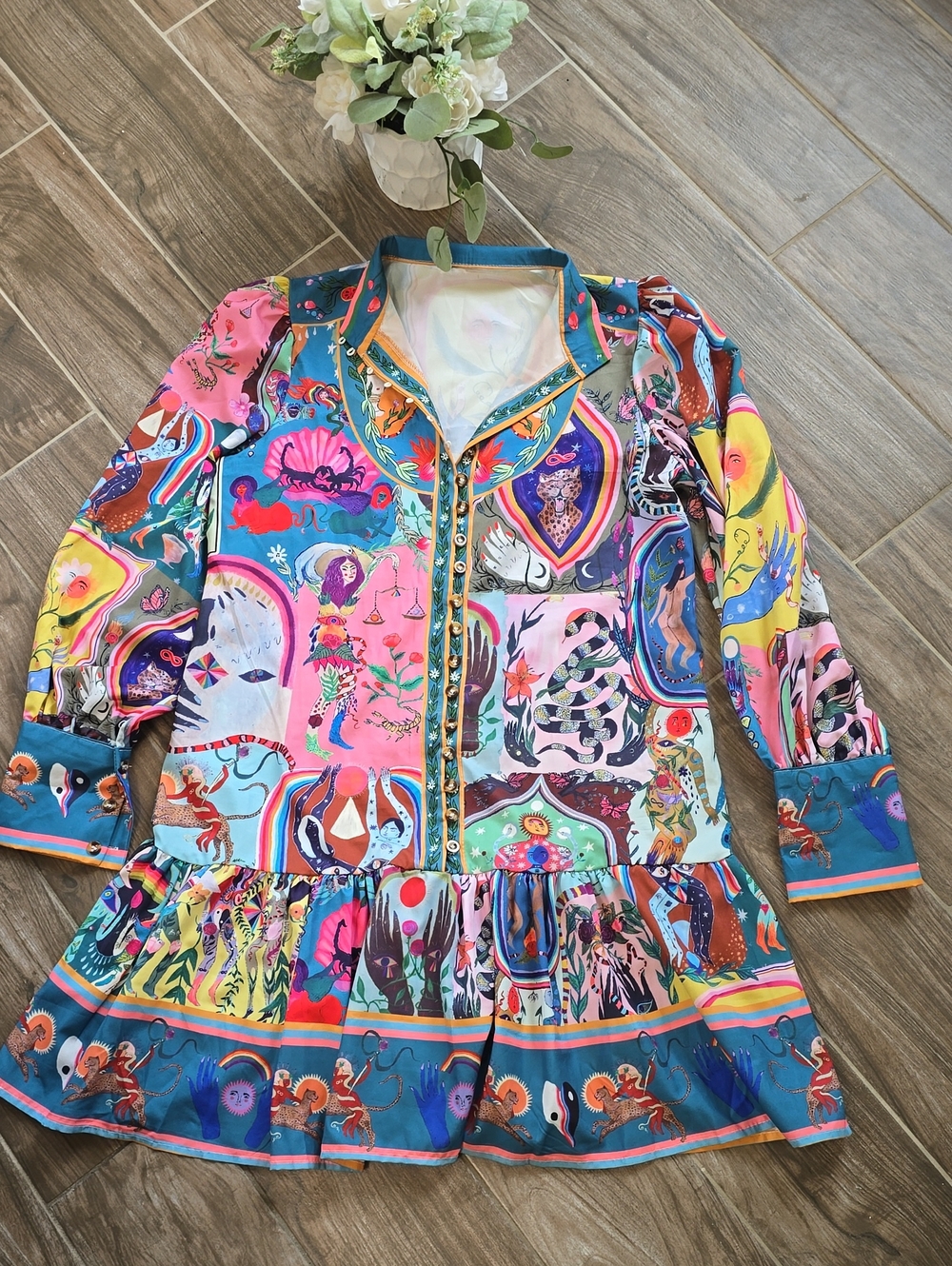Colorful Illustrated Button-Front Long Sleeve Dress
